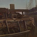 Albert Bierstadt — Wharf Scene with Ship at Dock